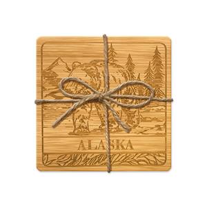 Bamboo Coaster Set of 4, Drawn Bear